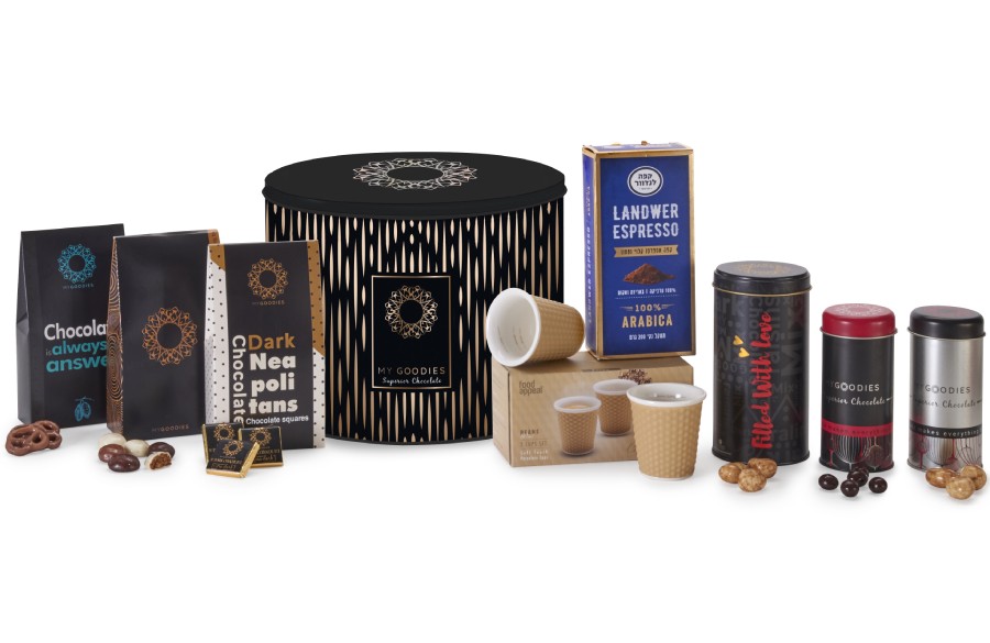 מארז אוריאן - שוקולד, קפה וכוסות בקופסת פח