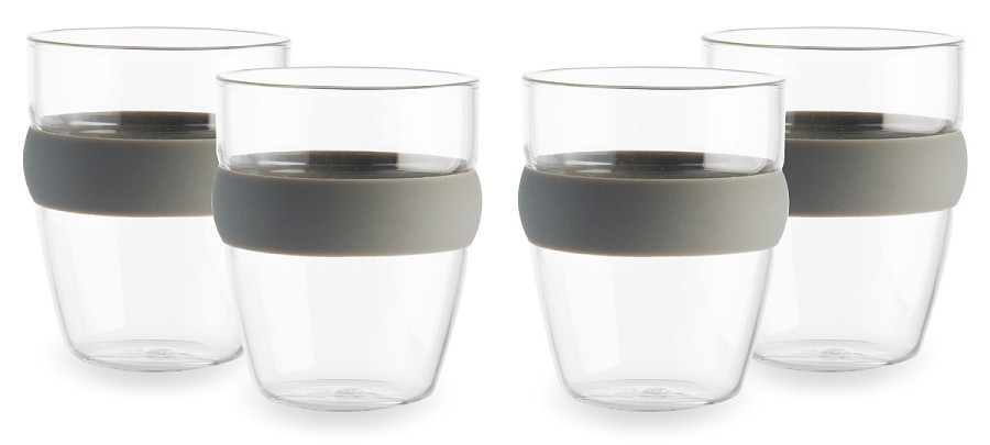 סט 4 כוסות קפה מזכוכית עם חבק סיליקון אפור