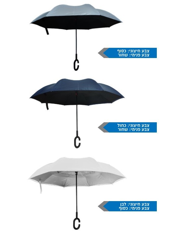 מטריה מתהפכת ממותגת 23 אינצ'. שלושה צבעים חורפיים לבחירתכם: כסוף עם בטנה שחורה, כחול עם בטנה שחורה ולבן עם בטנה כסופה.