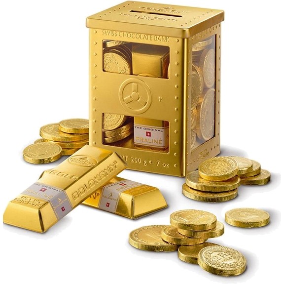 מיני כספת עם מטבעות שוקולד ומטילי זהב